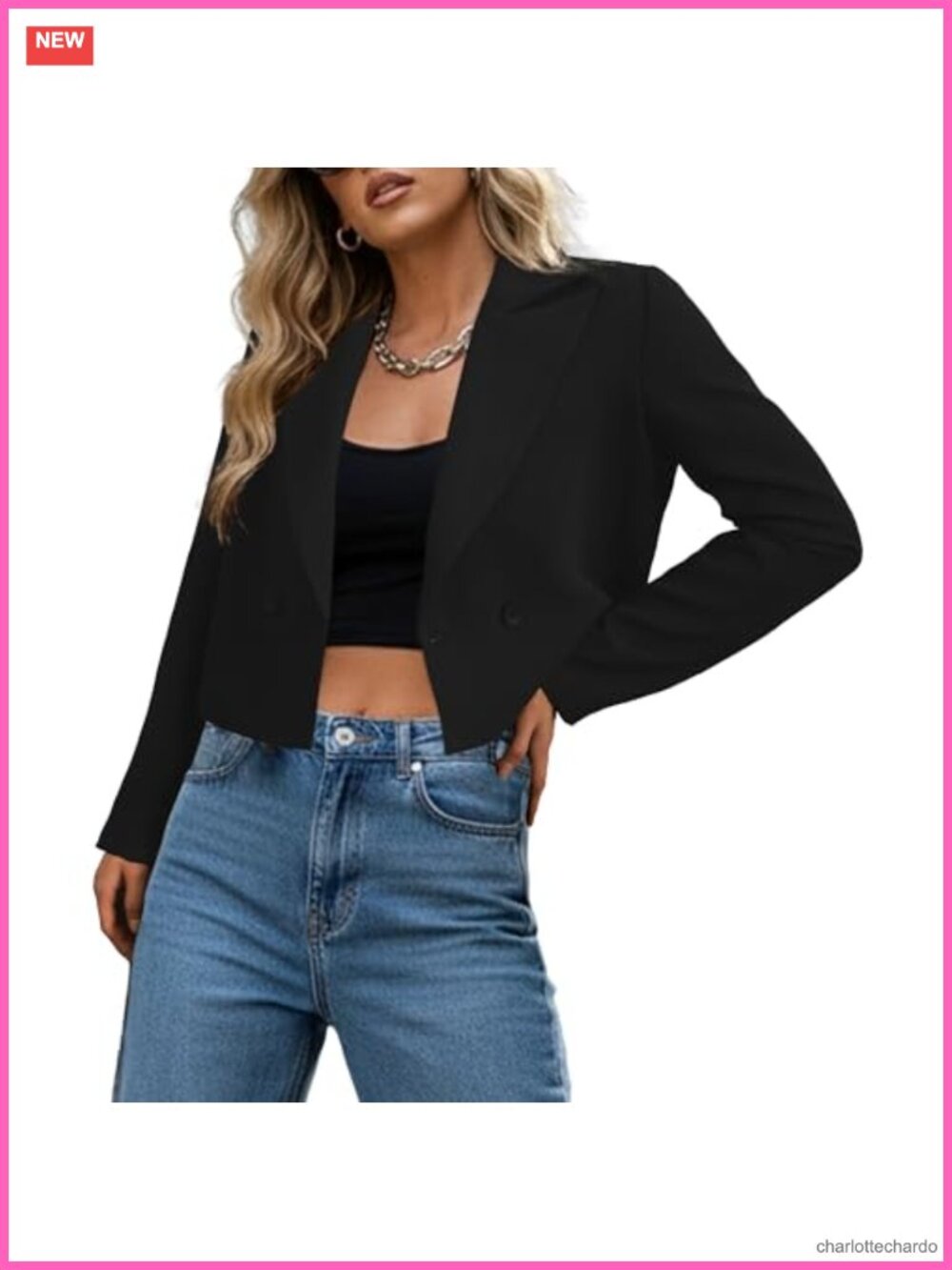 Double-Breasted Cropped Blazer Women Long Sleeve Lapel Collar 100% Polyester